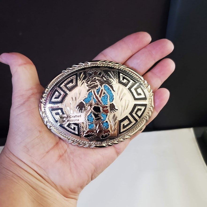 Handcrafted Arizona Faux Turquoise Chip Inlay Wolf Belt Buckle Silver Tone