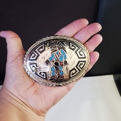 Handcrafted Arizona Faux Turquoise Chip Inlay Wolf Belt Buckle Silver Tone