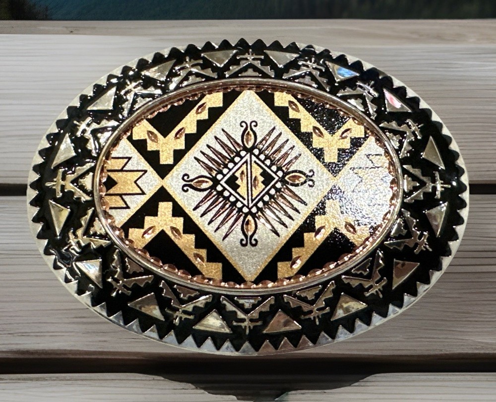 Vintage Sunburst Tribal Art Pattern Multi Color Copper Belt Buckle
