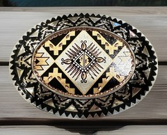 Vintage Sunburst Tribal Art Pattern Multi Color Copper Belt Buckle