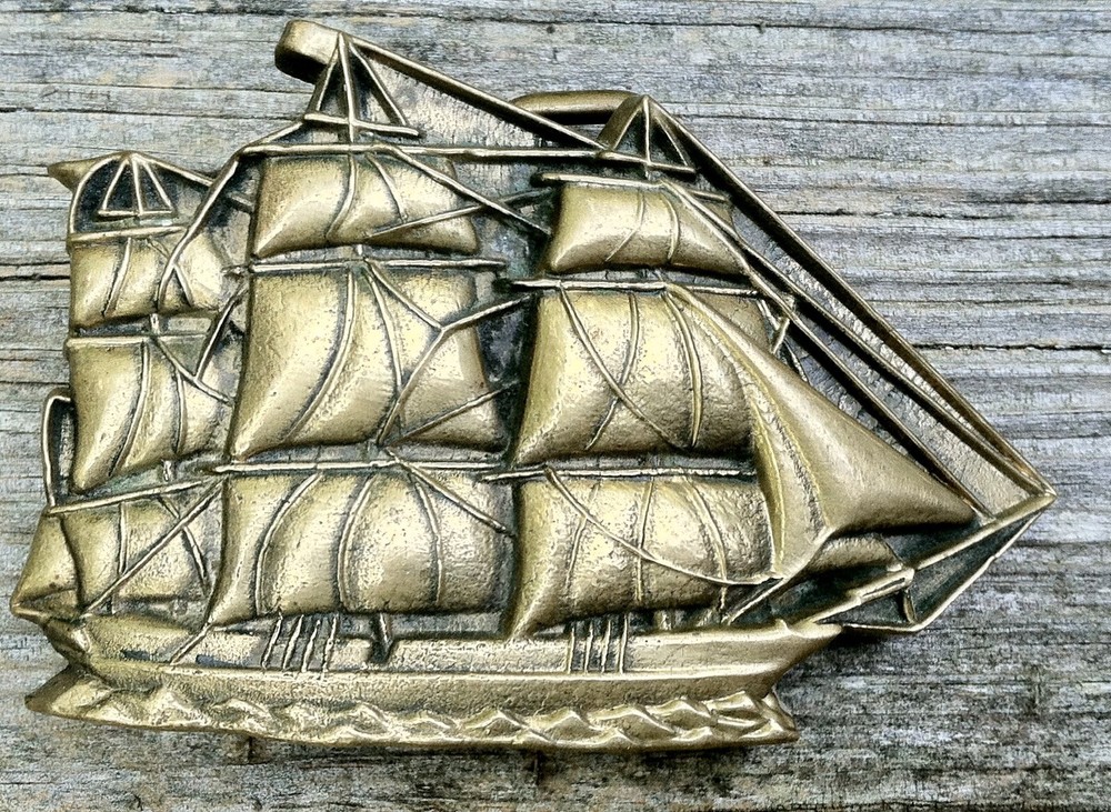 VTG Solid Brass Clipper Sailing Tall Ship Belt Buckle 1978 Baron Buckle Nice!!