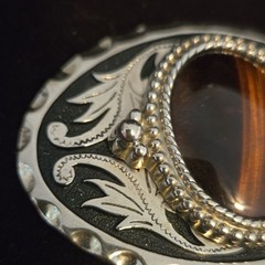 Western oval belt buckle silver/black floral w/ brown stone 1.5 in
