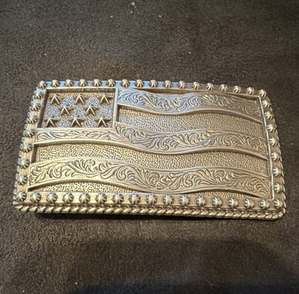 Engraved American Flag Silver Tone Metal Western Rectangular Buckle Fits 1.5&Prime;