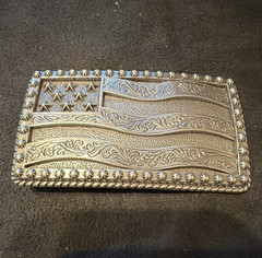 Engraved American Flag Silver Tone Metal Western Rectangular Buckle Fits 1.5&Prime;