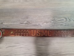 Marines belt buckle leather belt 45in used USMG first to fight