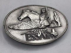 2 vtg belt buckles – Cadillac Emblem U.S. Flag #8387 & 1998 Pewter ARIZONA #265