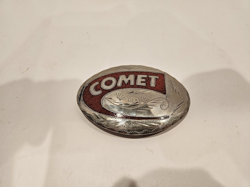 COMET Red Coral Chip Inlaid Hand Engraved Custom Belt Buckle Vintage Silver Tone