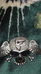 Men&rsquo;s Winged Skull Rhinestone Belt Buckle Silver/Black Interchangeable 1.5&Prime;