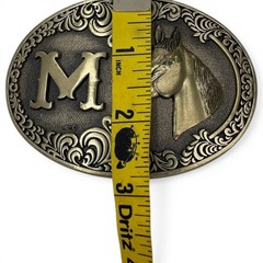 Western Horse Brass Belt Buckle Engraved Initial M Cowboy Rodeo Equestrian