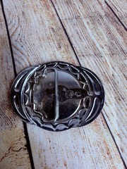 Pair Of Silver Metal Belt Buckles Eagle Seal Embossed Western Thunderbird Paint