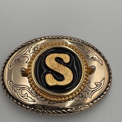 Vintage Western Belt Buckle Gold Tone Initial S Black Enamel Oval Made in USA