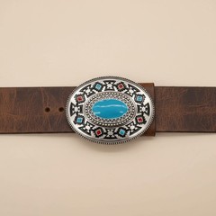 New Men Women Silver Metal Fashion Belt Buckle Native Ethnic Oval Turquoise Blue