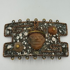 Vintage Maya Mexico Brutalist Mixed Metal Belt Buckle Clay Mask Enamel Folk Art