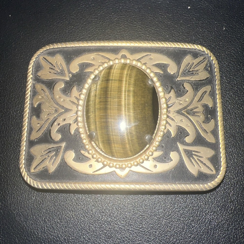 Vintage Belt Buckle Western Style Gold Ornate with Large Brown Oval Stone