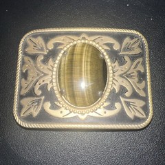 Vintage Belt Buckle Western Style Gold Ornate with Large Brown Oval Stone