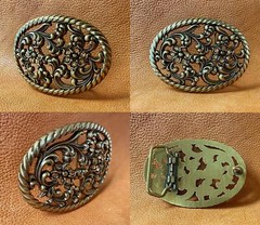 Antique Brass Flower Engraved Light Colorado Topaz Rhinestone Buckle