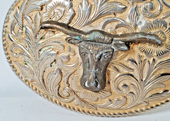 2 Tone Western Belt Buckle Dark Longhorn Steer on Floral Background Rope Border