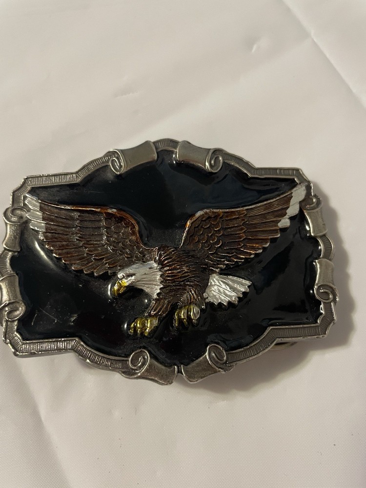 1983 American Eagle Theme Belt Buckle Black Lacquer -Heavy, Serial #OD1243
