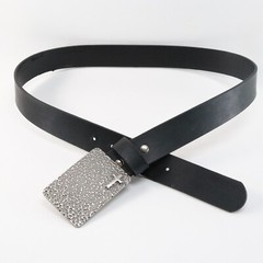 Hammered Belt Women Black Faux Leather Silver Plaited Buckle Cross Biker