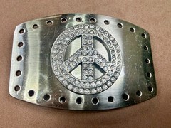 Peace Symbol Sign Rhinestone Bling Hole Border Hippy Silver Tone Belt Buckle