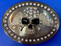 Skull Wings Crossbones with Clear Rhinestone Halloween Gothic LARGE Belt Buckle