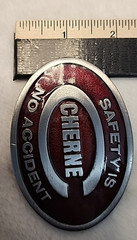 Vintage Cherne Safety Is No Accident Belt Buckle R&M USA Red Enamel