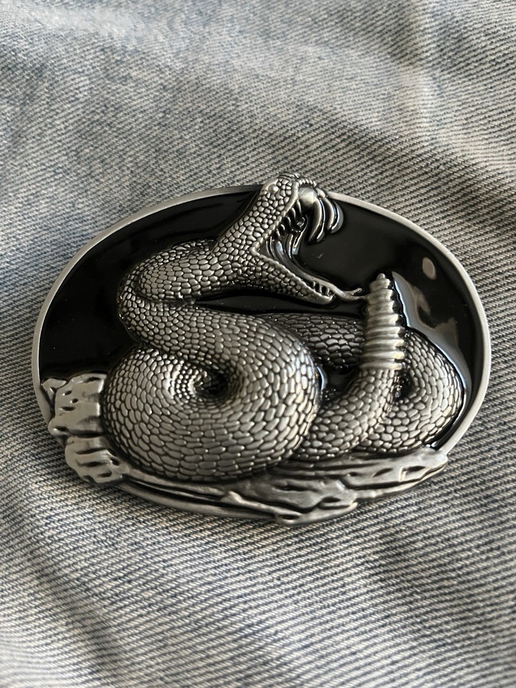 Rattle Snake Belt Buckle Silver Trim With Black Background Western Cowboy Style