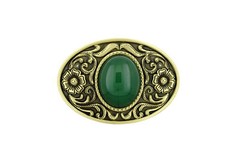 Western Flower Pattern with Green Stone Oval Solid Brass Metal Belt Buckle