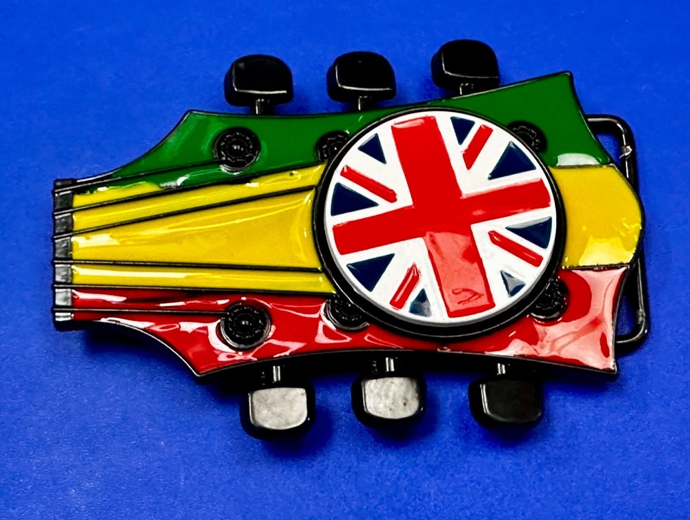 Electric Guitar Tuning Keys Shaped Belt Buckle W/ Uk Flag Union Jack Spinner