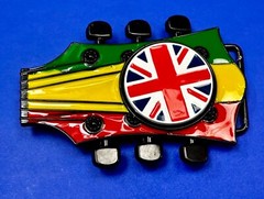 Electric Guitar Tuning Keys Shaped Belt Buckle W/ Uk Flag Union Jack Spinner