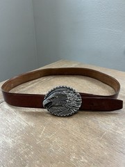 Nickel Screaming Eagle Belt Buckle w/Brown Leather Belt Size 36 Western Cowboy