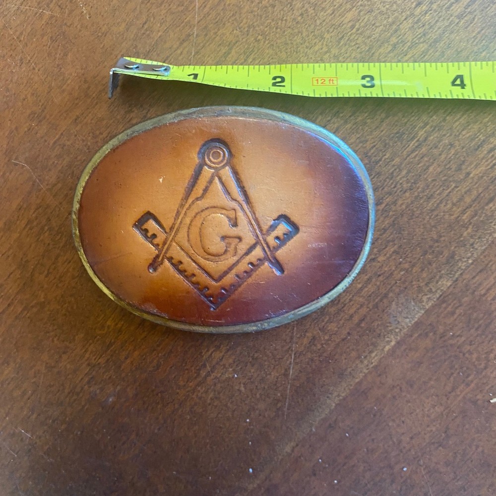 Vintage Freemason Leather Belt Buckle Brown Oval Square and Compass Masonic G