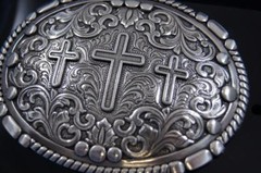 Nocona Western silver tone Belt Buckle Oval Rope Edge 3 Cross Scrolling 37980