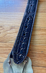 Horse Head Belt Buckle and Black Leather Belt 47 in Made in Mexico