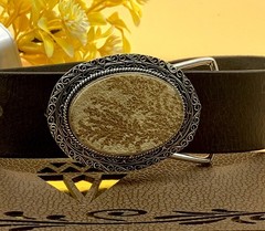 Handcrafted 925 Sterling Silver Fossil Coral Dendrite Stone Oval Belt Buckle.