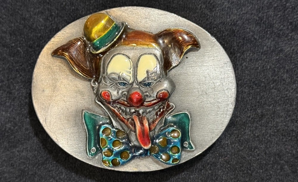 Vtg 90s Creepy circus clown belt buckle Bergamot Grunge Punk Rock USA Colorful