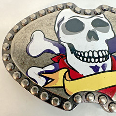 Skull & Crossbones Metal Belt Buckle 4” Studded Edge, Bandanna, And Banner