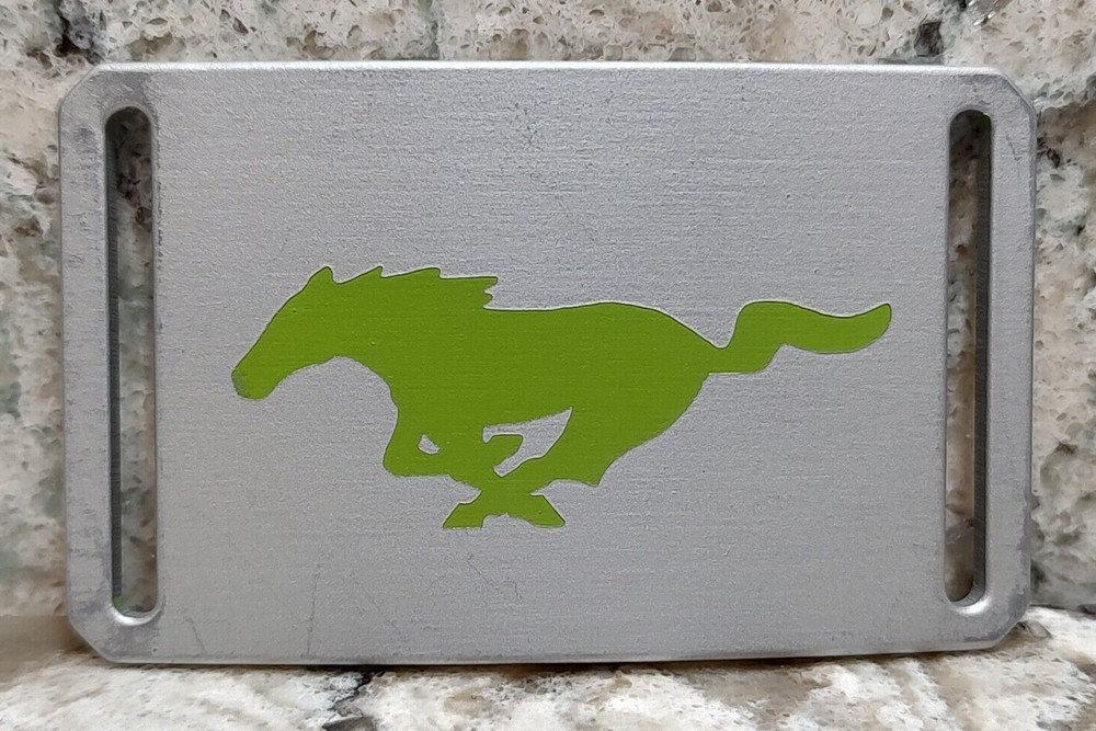 GRIP6 BELT BUCKLE – FORD MUSTANG in GREEN – GRANITE SILVER – 1.5 INCH WIDE