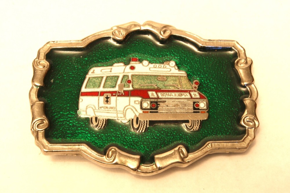Vintage First Responders « Ambulance » Solid Brass Enameled Belt Buckle, W U.S.A.