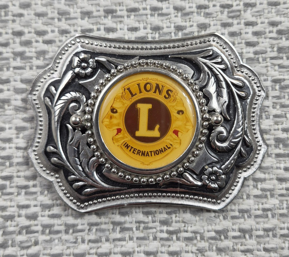 Lions International Belt Buckle Mens Silver Floral Western Logo Rectangular