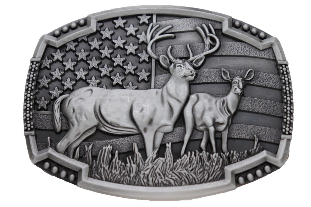 Men Silver Color Metal Belt Buckle Deer Nature Hunter Western Fashion Accessory