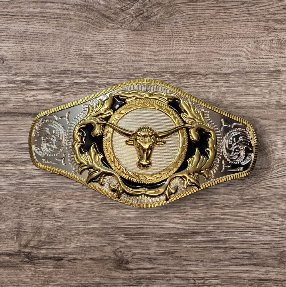 Cowboy/Charro Belt Buckle – Long Horn Bull Head 6.25&Prime;x3.25&Prime; Silver/Black/Gold