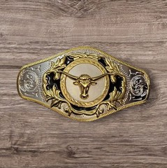 Cowboy/Charro Belt Buckle – Long Horn Bull Head 6.25&Prime;x3.25&Prime; Silver/Black/Gold
