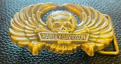 Vtg. 70s Harley Davidson Belt Buckle Brass Skull Crossbones Wings Biker Chopper