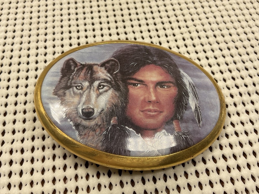 Vintage Belt Buckle – Native American and Wolf Handmade 3” Long