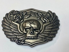 Skull With Wings Bones And Flowers Silver Color Metal Cutout Belt Buckle