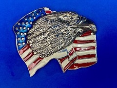 Patriotic American Eagle Head over wavy USA American Flag 4&Prime; belt buckle