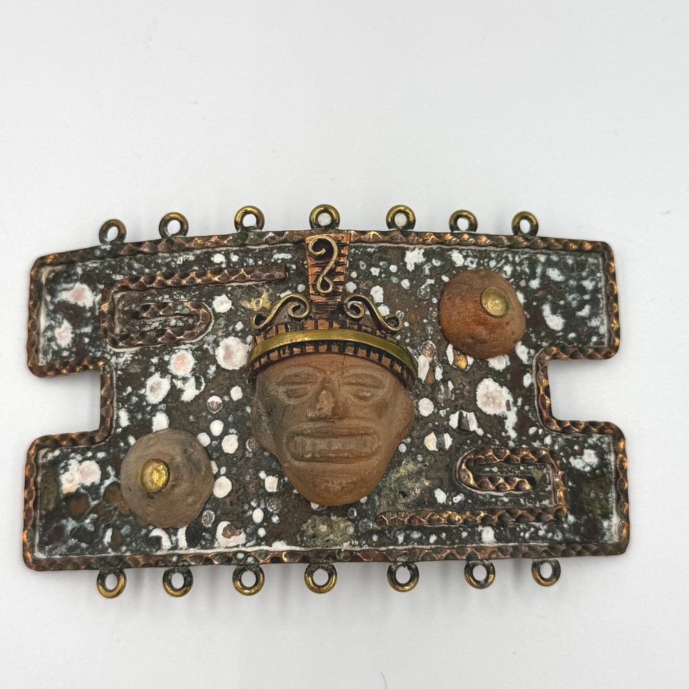 Vintage Maya Mexico Brutalist Mixed Metal Belt Buckle Clay Mask Enamel Folk Art