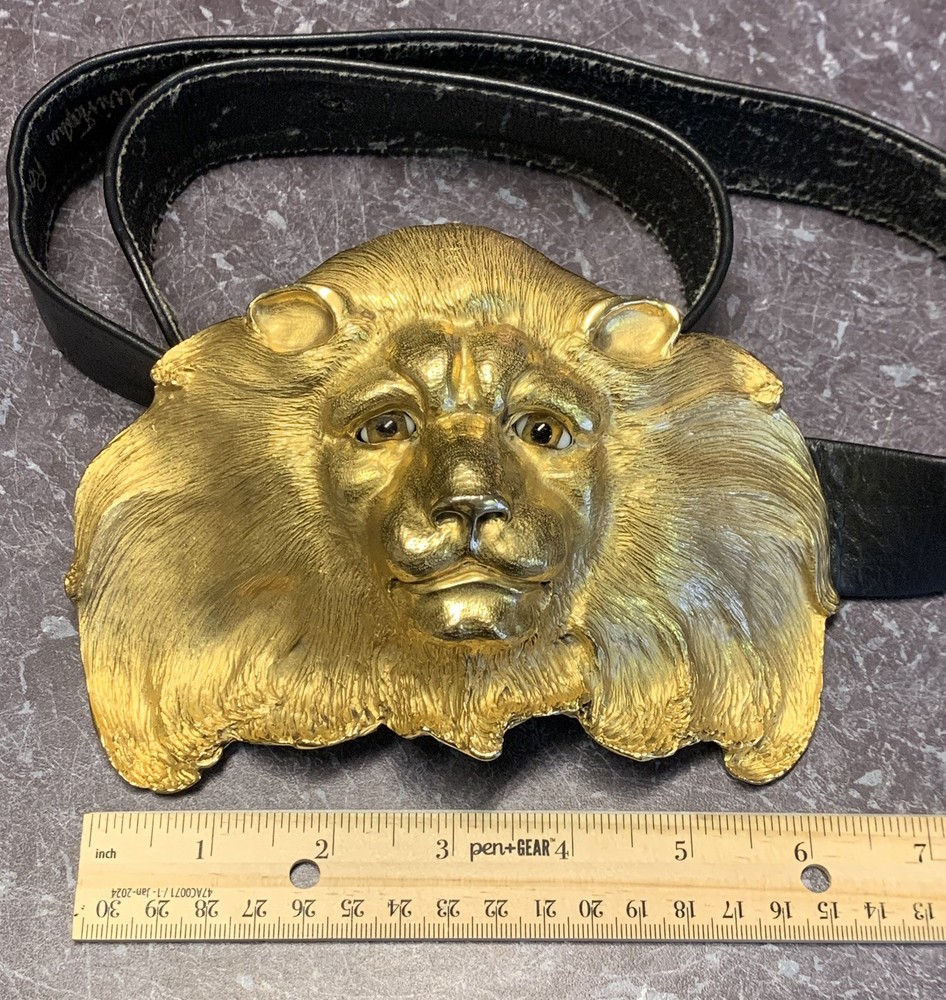 CHRISTOPHER ROSS LION HEAD 1984 GLASS EYES BUCKLE & BLACK BELT 24kt GOLD PLATED