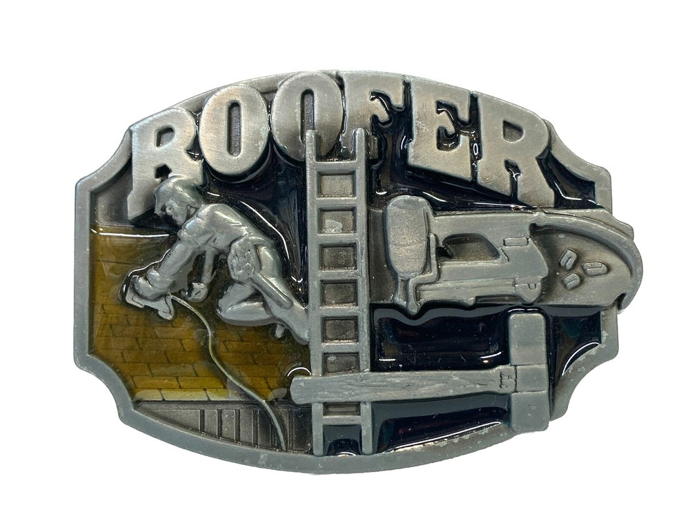 Roofer Construction Belt Buckle Pewter/Epoxy 3.5”x 2.25” Fit Belts Up To 1.75” f
